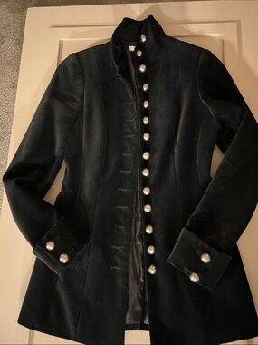 Cache Black Velour Military-Style Blazer with Silver Colored Half Dome Buttons